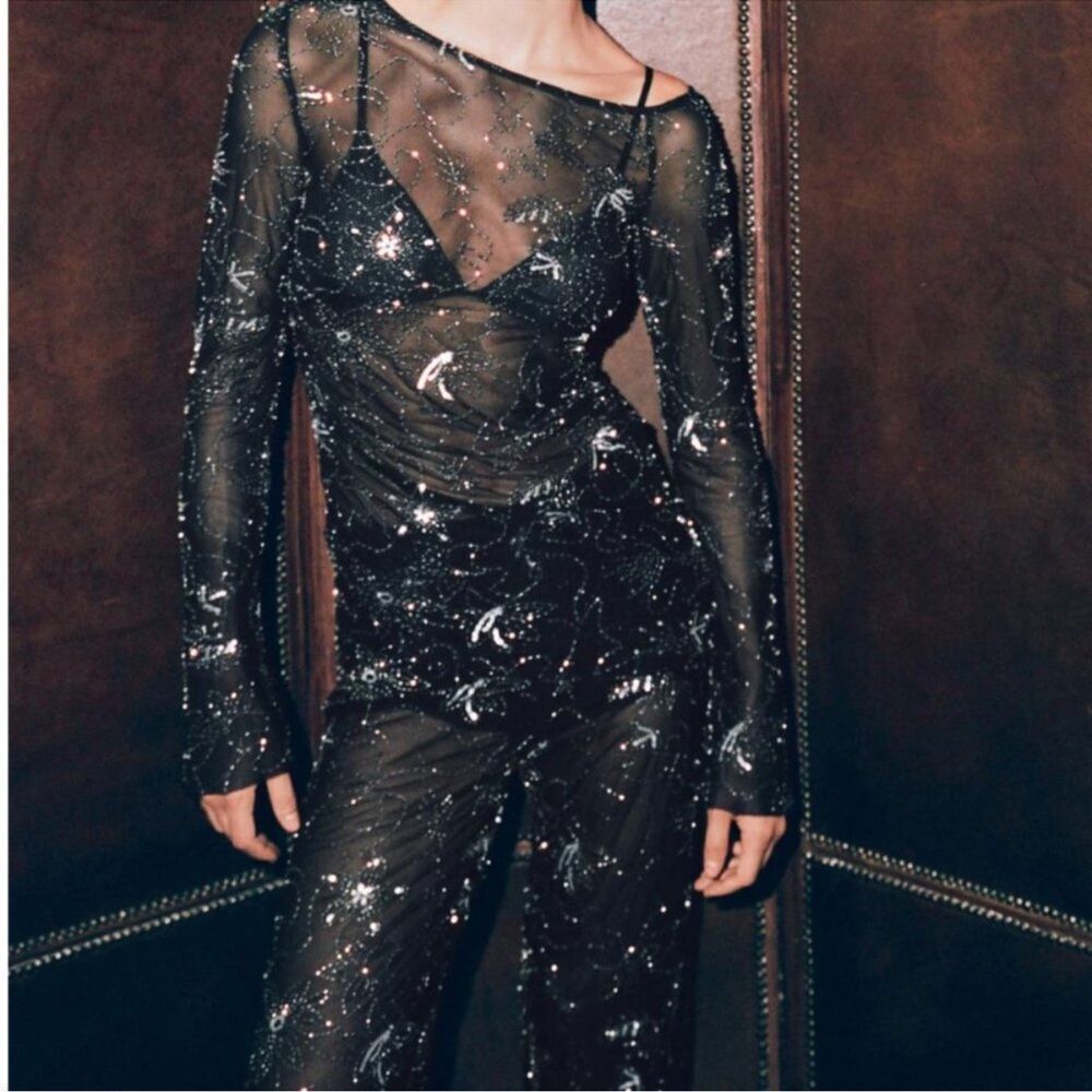 ZARA DRAPED BEADED EMBROIDERED TULLE TOP